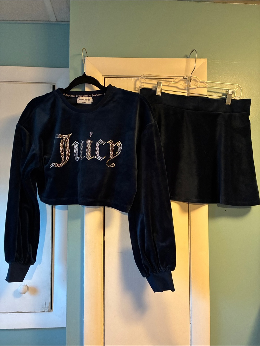 Juicy Couture Navy Velour Cropped Sweatshirt & Skirt Set with Rhinestone Logo